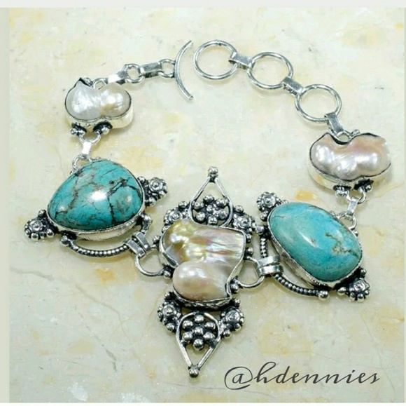 Jewelry - Natural Turquoise & Biwa Pearl 925 Bracelet